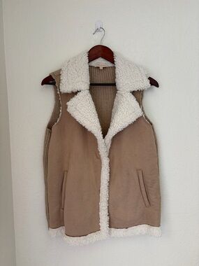 Skies Are Blue Tan Vest with Cream Shearling Trim